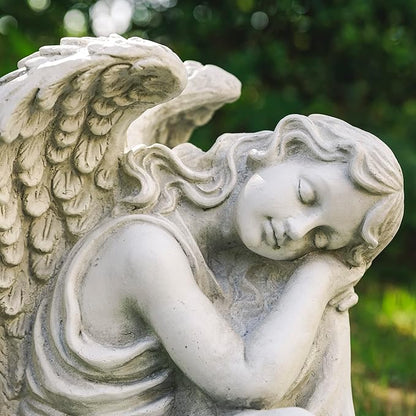 Glitzhome Resting Angel Statue Outdoor Garden Memorail Sculpture, 15in Tall, Cement Gray