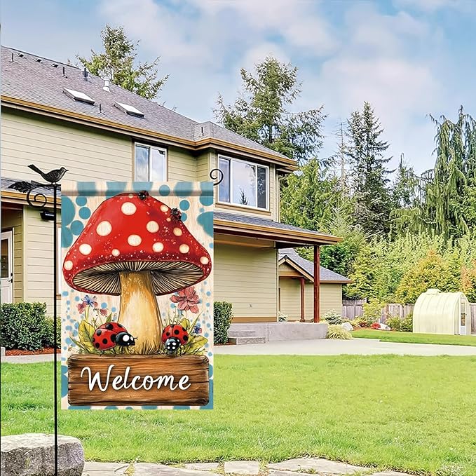 Spring Summer Garden Flag 12x18 Inch Mushroom Ladybug Welcome Woodland Floral Design Outdoor Yard Porch Lawn Garden for Seasonal Farmhouse Cottage Home Decor