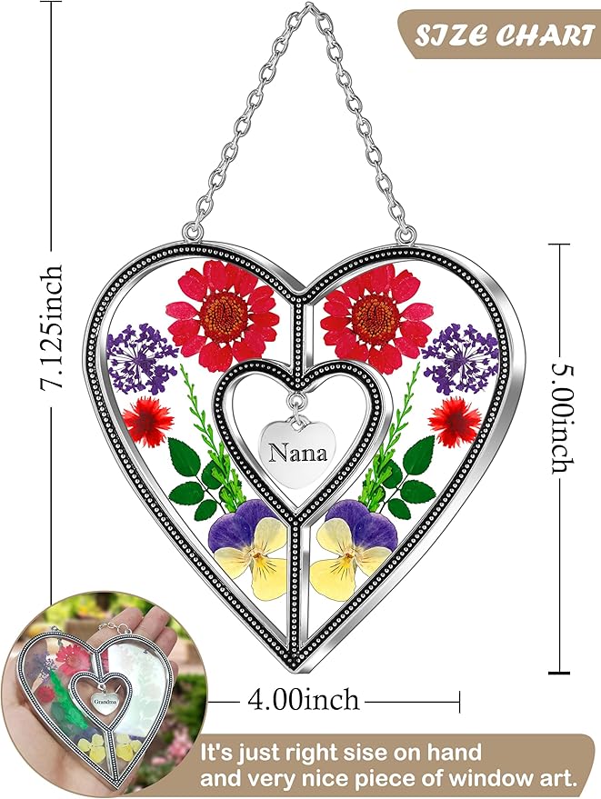KY&BOSAM Nana Heart Suncatcher Stained Glass Panel Suncatchers for Windows Hangings Ornament Wind Chimes Pressed Flower Embedded in Glass and Heart Charm Birthday Gifts for Nana Mothers Day Home Decor