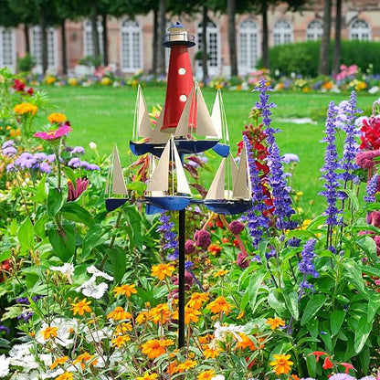 Kinetic Art Wind Sculpture - Summer Lighthouse Sailboat Windmills, Nautical Art Garden Windmills, Large Metal Sailboat Wind Spinners Decor for Outdoor Yard and Garden (1pc)