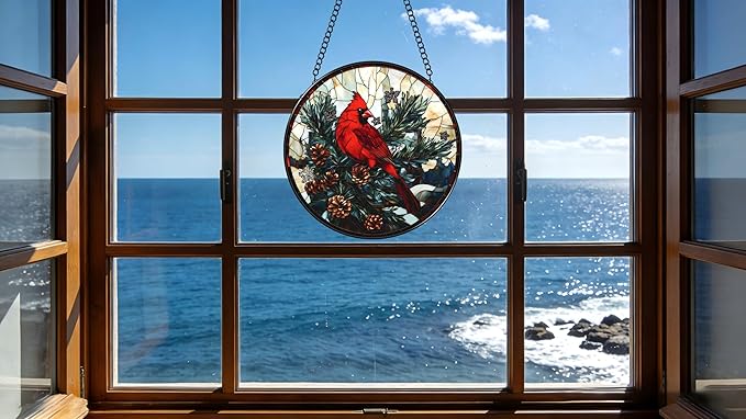 Funoasis Stained Glass Window Hanging 6.3 Inches Suncatcher - A Red Bird Stands On A Pine Tree Covered in Pinecones Ornaments Sun Catcher Home Decor Women Birthday