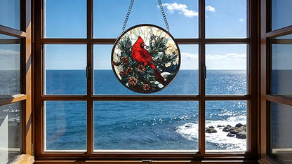 Funoasis Stained Glass Window Hanging 6.3 Inches Suncatcher - A Red Bird Stands On A Pine Tree Covered in Pinecones Ornaments Sun Catcher Home Decor Women Birthday