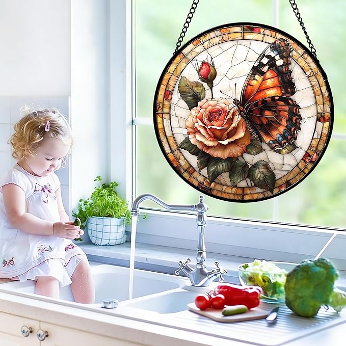 DASTOLL Stained Glass Window Hanging, Butterfly Picking Flowers Suncatcher for Doors Home Sun Catchers Decoration and Christmas, Mother's Day Birthday Gifts for Women, Men, and Mom 9.8 in