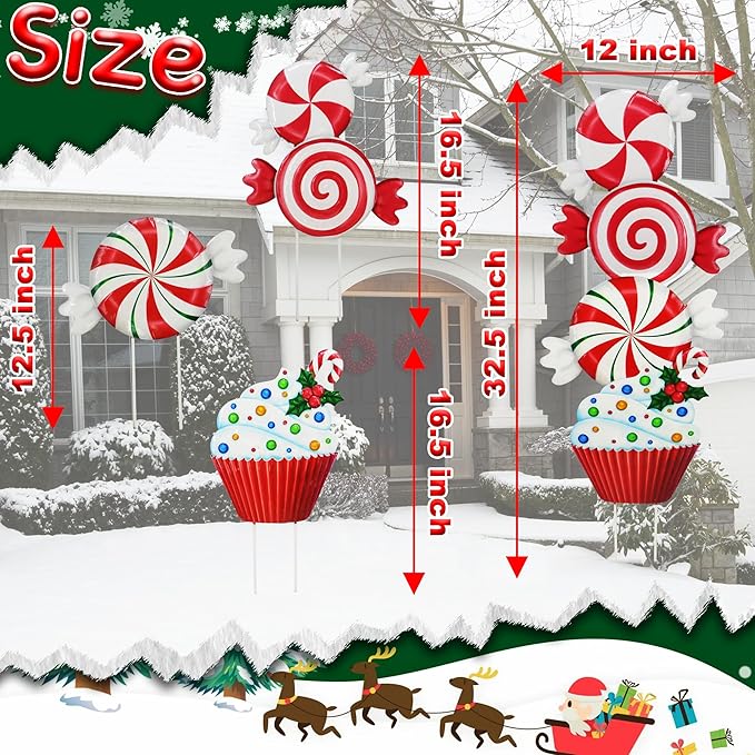 3 Pack Metal Christmas Yard Signs Decor for Multiple Stacked,Voumsil Christmas Yard Stakes with Candy Fall Yard Decor for Outside Garden Yard Lawn Porch