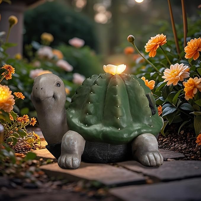 Etlemonde Solar Cactus Turtle Statue Garden Decor Light - Outdoor Decorative LED Flower, Suitable for Patio, Lawnand Garden Decorations, Gifts for Mom