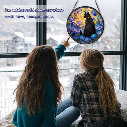Cat Stained Glass Window Hanging, Flower Suncatcher Diamond Glass Panel Hangings, Sun Catchers Indoor Windows Wall Art, Gifts for Cat Lovers, Christmas Decor for Home Garden Office 7.87 inches
