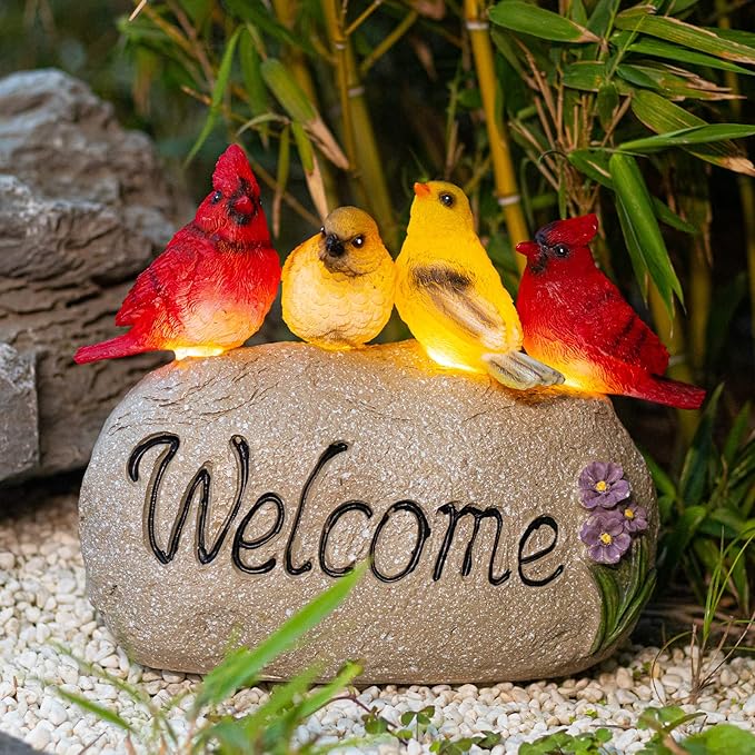 Solar Garden Statues Outdoor Decor, Welcome Sign Garden Sculptures Statue Novelty Birds Figurine Decoration for Patio Yard Porch Art Home Decor
