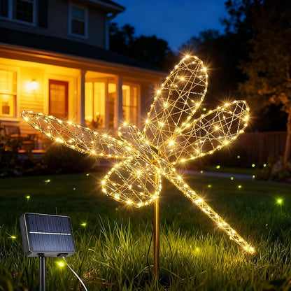 Lomotech Solar Garden Lights - 18" 240 Leds Foldable Outdoor Dragonfly Garden Decor, Waterproof Larger Outdoor Solar Lights with Iron for Garden Patio Yard Lawn Pathway Decorations (Warm White)