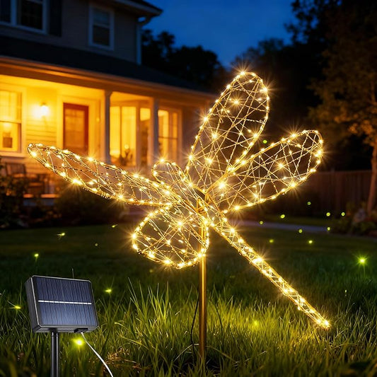 Lomotech Solar Garden Lights - 18" 240 Leds Foldable Outdoor Dragonfly Garden Decor, Waterproof Larger Outdoor Solar Lights with Iron for Garden Patio Yard Lawn Pathway Decorations (Warm White)