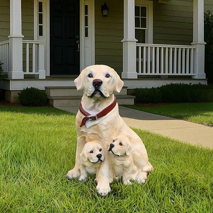 Labrador Retriever Outdoor Dog Family Statue with Reversible “Welcome/ON Patrol” Hanging Plaque and Solar Lantern, Yellow Mom with Two Puppies, Sitting Yard Greeter