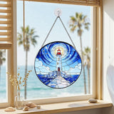 Stained Glass Window Hanging Suncatchers with American White a Serene Lighthouse 12.6", Vibrant Glass Panel with Metal Chain for Home Decor Gift for Women Mother's Day, Birthday, Men, and Mom
