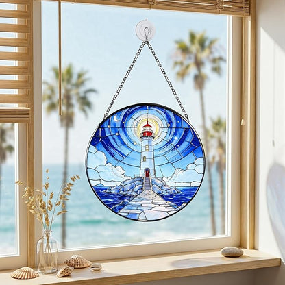 Stained Glass Window Hanging Suncatchers with American White a Serene Lighthouse 12.6", Vibrant Glass Panel with Metal Chain for Home Decor Gift for Women Mother's Day, Birthday, Men, and Mom