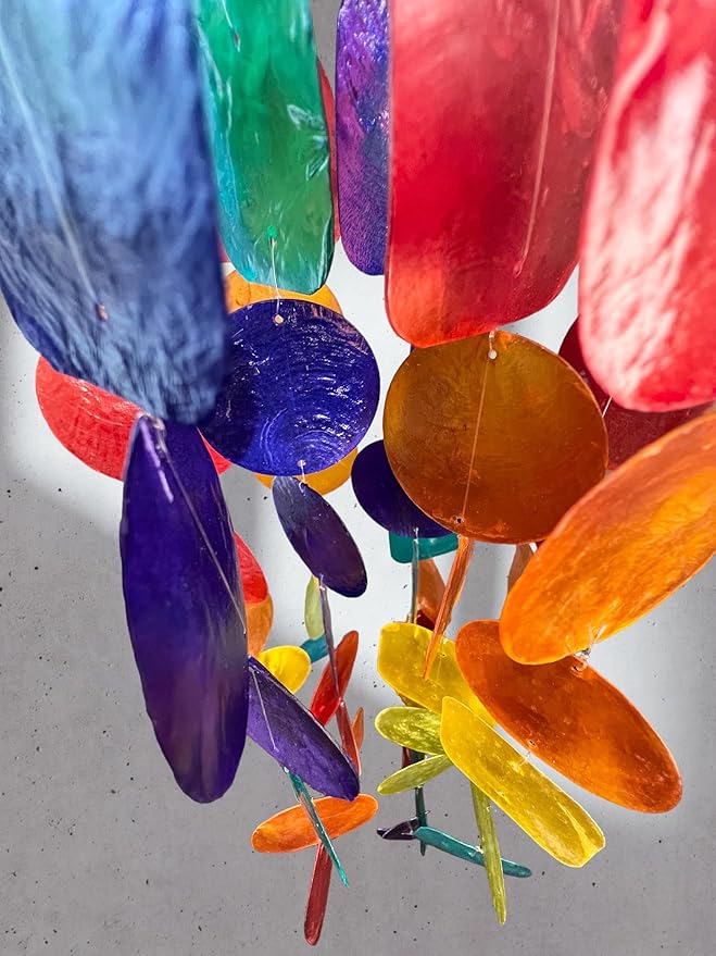 Top Brass 24” Rainbow Windchime – Unique Capiz Seashells with Square and Round Shells – Blue, Green, Red, Orange, Yellow, Purple and Aqua - Soothing Soft Sounds - Hanging Outdoor Porch Patio Décor