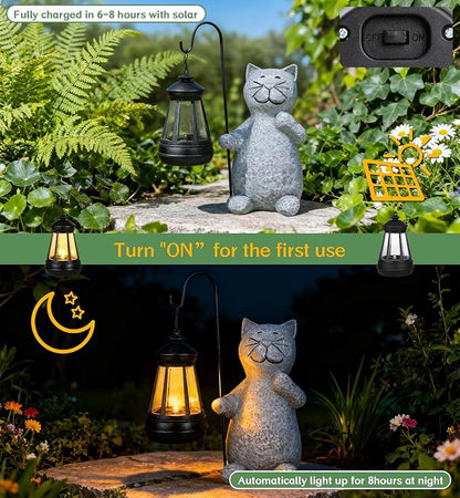 Solar Cat Garden Decor Outdoor Statues, Yard Art Lawn Ornaments, Outside Figurines Decorations for Home Patio Porch Balcony, Housewarming Gifts for Cat Lover (One Pack)