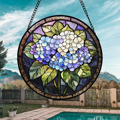 DASTOLL Stained Glass Window Hanging, Hydrangea Flowers Sun Catchers Diamond Glass Panel Hangings Plant Suncatcher Decor for Birthday for Women, Men, Wife, Aunt, and Mom 14.9x14.9 in