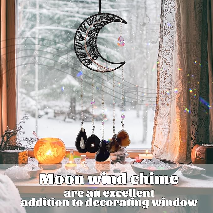 Black Dream Catchers, Dreamocean Moon Tree of Life Dream Catcher with Agate Crystal Suncatchers for Windows Hanging Prism Rainbow Maker Pendant Unique Crystal Gifts for Women