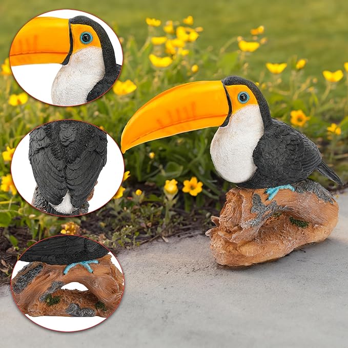 14.2" Real Toucan Statue,Colorful Outdoor Bird Decor Sculpture - Bird Outdoor Animal Ornament, Tropical Tiki Bar Decor, Waterproof & Weather-Resistant, Perfect for Garden, Patio, Yard (Red)