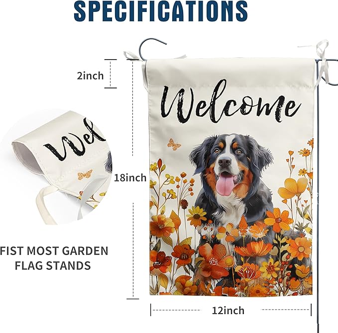 Bernese Mountain Fall Garden Flag Autumn Dog Yard Sign Orange Floral Thanksgiving Outdoor Banners for Outside 12x18 Double Sided Small Wild Flower Lawn Decorations