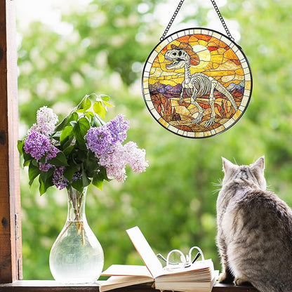 Western Dinosaur Stained Glass Window Hanging Suncatcher, Prehistoric Dino Fossils Sun Catcher Indoor Window Decor, Dinosaur Skeleton Painted Glass Wall Hanging Decorations, 7.8x7.8 in