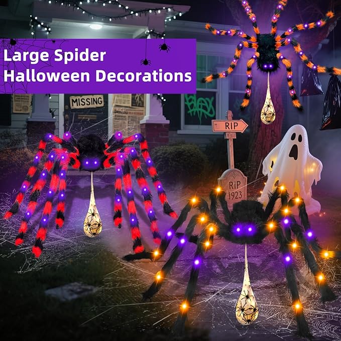 3-in-1 Large Halloween Spider Decorations Set, 50" Huge Spider Hanging with 20" Light Up Spider Egg Totally 36 LEDs Lights Battery Operated Fake Spiders Halloween Decors for Yard Home Party