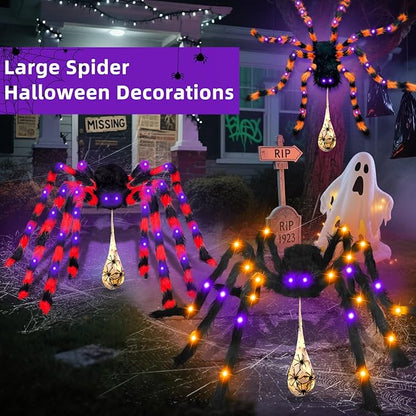 3-in-1 Large Halloween Spider Decorations Set, 50" Huge Spider Hanging with 20" Light Up Spider Egg Totally 36 LEDs Lights Battery Operated Fake Spiders Halloween Decors for Yard Home Party