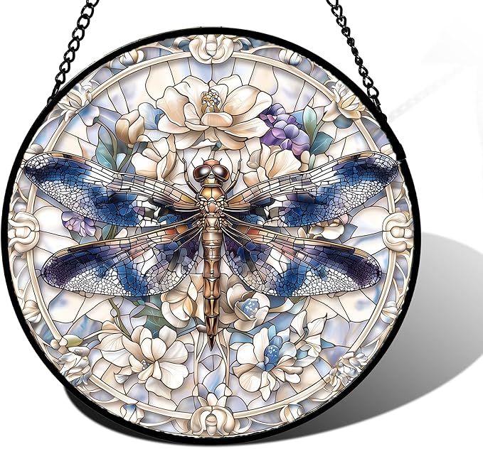 DASTOLL Stained Glass Window Hanging, Dragonfly Flower Suncatcher for Doors Home Sun Catchers Decoration and Christmas, Mother's Day Birthday Gifts for Women, Men, and Mom 7.8 in
