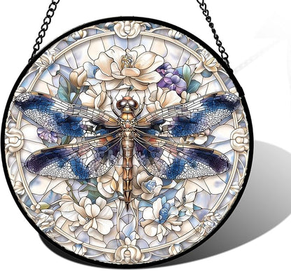 DASTOLL Stained Glass Window Hanging, Dragonfly Flower Suncatcher for Doors Home Sun Catchers Decoration and Christmas, Mother's Day Birthday Gifts for Women, Men, and Mom 11.8x11.8 in