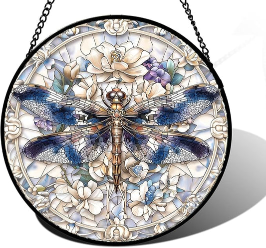 DASTOLL Stained Glass Window Hanging, Dragonfly Flower Suncatcher for Doors Home Sun Catchers Decoration and Christmas, Mother's Day Birthday Gifts for Women, Men, and Mom 9.8 in