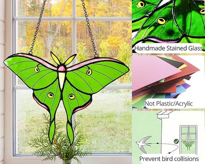 Luna Moth Stained Glass Window Hanging - Handmade Real Glass Suncatcher - Elegant Green Moon Moth Butterfly Light Catcher Gifts for Mother, Women, Grandma (Gifts-Box provided)