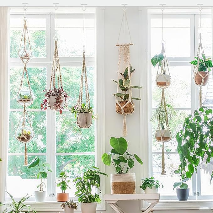 6 Pcs White Ceilling Hooks for Hanging Plants Holder with Safety Buckle,Ceiling Decor Hook Heavy Duty,Metal Plant Hanger Indoor&Outdoor.Hooks for Hanging Plants,Wind Chime,Bird Feeders