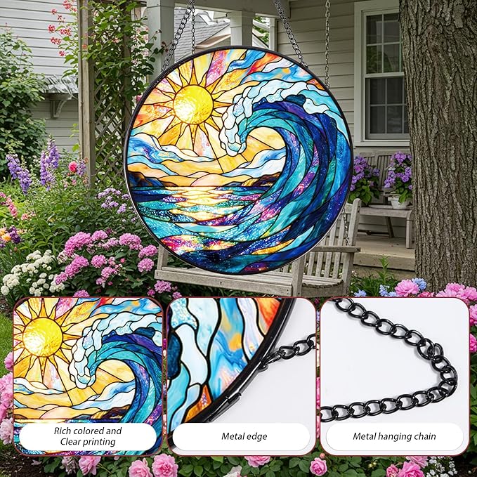 Rngmsi Stained Glass Window Hanging, 7.8″ Sea Sun Catchers with Hook Indoor Window Decor, Decorative Suncatchers Hanging Ornaments Home Garden Art Gift for Housewarming
