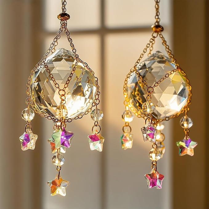 H&D HYALINE & DORA 2 Pack Hanging Crystal Ball Suncatchers 40mm with Crystals Star Charm Rainbow Maker for Indoor Window Home Garden Wedding Christmas Decor