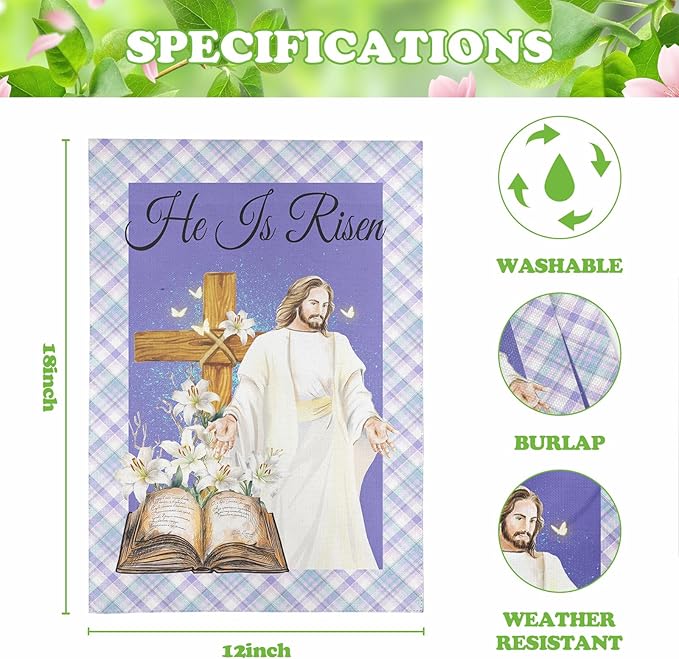 He is Risen Garden Flag Easter Cross Religious Yard Flags Lily Jesus Holy Bible Butterfly Burlap Double Sided House Banners Spring Lilies Christianity Church Garden Flags 12 x 18 Inch