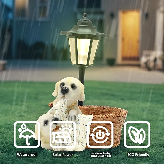 Solar Garden Outdoor Decor Statues Labrador Puppies Playing in Basket with Light,Outside-Outdoor Decorations Sculptures for Patio Yard Lawn Walkway Ornaments Gifts for Mom Grandma Birthday
