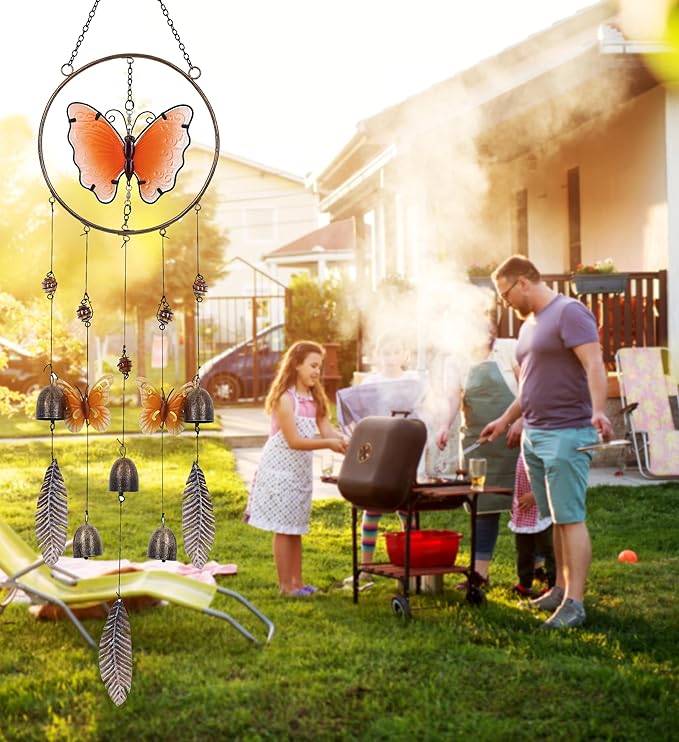CoTa Global Orange Butterfly Hanging Metal Wind Spinner Wind Chime - Relaxing Harmonic Indoor or Outdoor Wind Spinner for Yard, Garden, Porch Patio, Beautiful Unique Art Ornament Mobile - 37 Inch