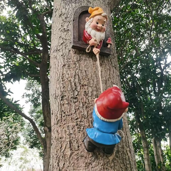 Climbing Gnomes Tree Faces Decor Outdoor for Yard - Cute Gnome Garden Statue Art Resin Dwarf Sculpture for Outdoor Decoration Ornaments