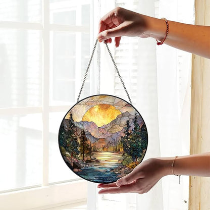 7.8" Mountain Range Suncatcher Stained Glass Window Hanging Sunset Sun Catcher Lake River Ornaments Wall Art Home Garden Room Decor Birthday for Nature Lovers Women Mom