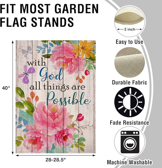 Artofy with God all Things are Possible Christian Home Decorative House Flag, Spring Summer Garden Yard Religious Outdoor Peony Flower, Inspirational Butterfly Outside Farmhouse Large Decor 28 x 40