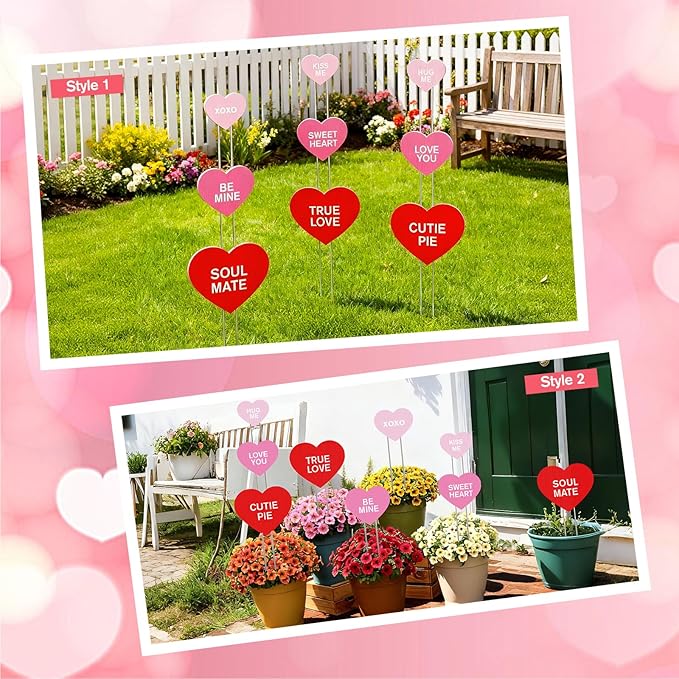 KEOHOLI 9 Pcs Valentine Yard Sign Valentine's Day Yard Stake with Conversation Heart Valentines Garden Stake Valentines Day Outdoor Decorations for Pathway Wedding Lawn