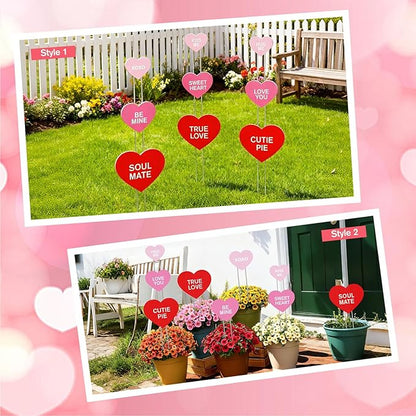 KEOHOLI 9 Pcs Valentine Yard Sign Valentine's Day Yard Stake with Conversation Heart Valentines Garden Stake Valentines Day Outdoor Decorations for Pathway Wedding Lawn