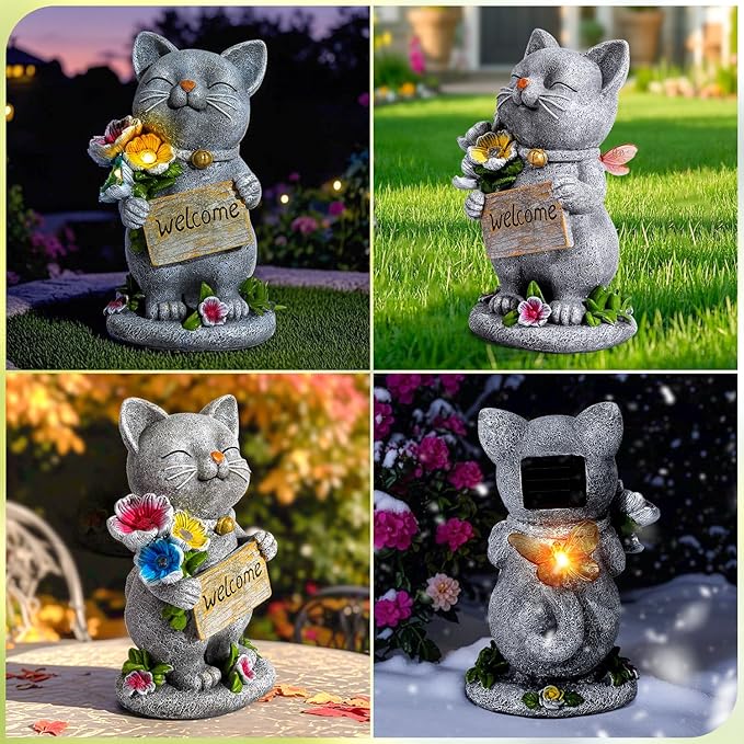 Garden Outdoor Statues Solar Cat Outside Statue Garden Decor for Yard Patio Porch Home Lawn Balcony, Gifts for Grandma Mother Women