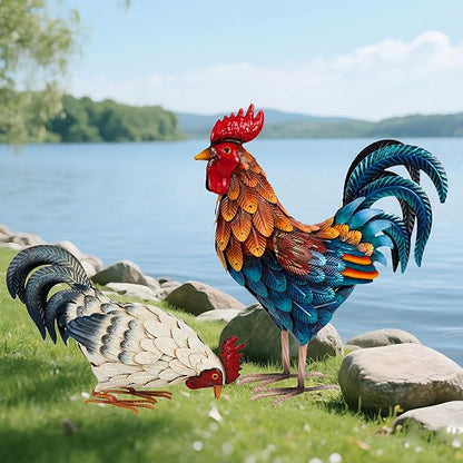 Shorayn Metal Rooster Statues, Outdoor Garden Metal Chicken Decor, Garden Sculptures Chicken Ornaments Yard Art for Backyard Patio Lawn Decorations, Set of 2