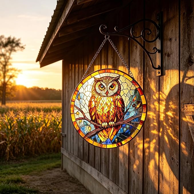 Owl Stained Glass Suncatcher,7.8-in Colorful Bird Window Hanging Ornament for Indoor & Outdoor Decor, Gift for Bird Lovers, Women, Mom, Grandma, Living Room, Garden, Porch, Housewarming