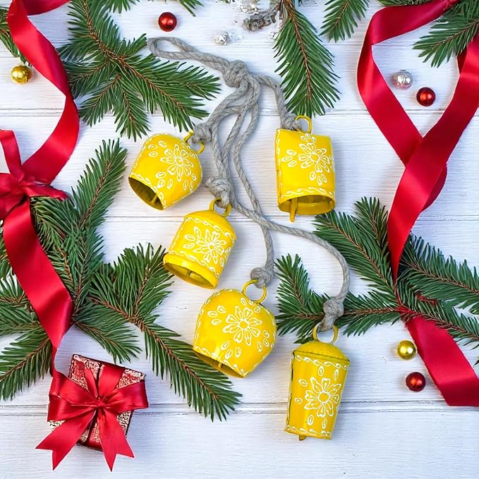 Hand-Painted 25” Wind Chime with 5 Christmas Decorative Jingle Bell – Hanging Ornament – Boho Outdoor & Indoor Decor – Rustic Cow Bells for Garden, Porch, Patio, Entryway, Farmhouse & Gift (Yellow)