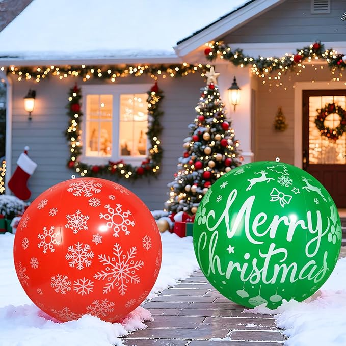2 PCS 32 Inch Large Christmas Inflatable Balls Outdoor Inflatable Christmas Ball Ornaments for Xmas Garden Lawn Yard Holiday Front Door Window Decoration