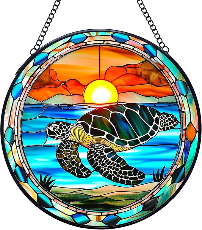 Sea Turtle Stained Glass Window Hanging Suncatchers, Coastal Ocean Sun Catchers Indoor Window Glass Wall Art Decor, Ocean Beach Wall Hanging Decorations Sculptures, Sea Turtle Gift, 7.9x7.9in