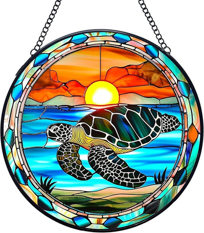 Sea Turtle Stained Glass Window Hanging Suncatchers, Coastal Ocean Sun Catchers Indoor Window Glass Wall Art Decor, Ocean Beach Wall Hanging Decorations Sculptures, Sea Turtle Gift, 7.9x7.9in