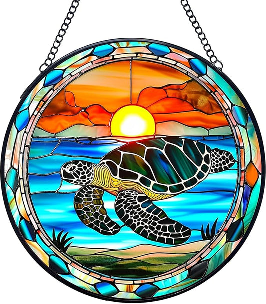 Sea Turtle Stained Glass Window Hanging Suncatchers, Coastal Ocean Sun Catchers Indoor Window Glass Wall Art Decor, Ocean Beach Wall Hanging Decorations Sculptures, Sea Turtle Gift, 7.9x7.9in