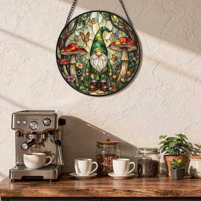 Gnome Stained Glass Suncather for Window Hanging with Mushroom & Butterfly, 6.3'' Forest Gnome Ornament Gift for Women, Whimsical Home Decor Gifts for Mom Grandma (Green Gnome, 6.3'')