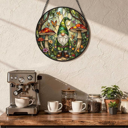 Gnome Stained Glass Suncather for Window Hanging with Mushroom & Butterfly, 6.3'' Forest Gnome Ornament Gift for Women, Whimsical Home Decor Gifts for Mom Grandma (Green Gnome, 6.3'')